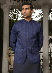 Blue Embroided Prince Coat on Blue - Abdullah Amin By Muraqsh