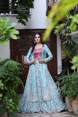 Wahaj M Khan | Nur Festive | Sea Ferozi Sheesha Jacket Nur Set
