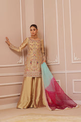 Wahaj M Khan | Banno Formals | GOLD SHEESHA BANO2 PLAZZO SET