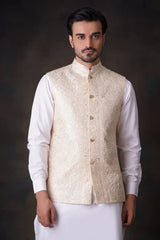 Cream & Gold 2.0 embroidered waistcoat set - House Of Arsalan Iqbal