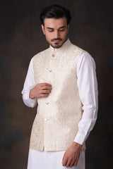 Cream & Gold 2.0 embroidered waistcoat set - House Of Arsalan Iqbal
