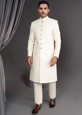 Ivory Self Texture Simple Sherwani - Dress Designers