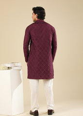 Muraqsh Miras - Maroon Raw Silk Embroidered Kurta Trouser - Men