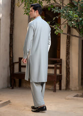 Buraq Men's Premium Ban-Embroidered Kameez Shalwar - Pale Dusty Green / Classic Fit.