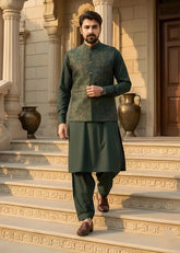 (3 Piece) - Basil Green Suit with Matching Waistcoat