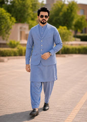 (3 Piece) - Sky Blue Suit with Matching Waistcoat