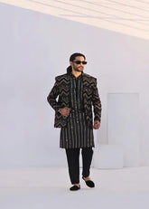 Black Geometric Zigzag Prince Coat - J Pardesi