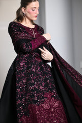 Zaib | BLACK AND MAROON LUXURY EMBROIDERED KARANDI 3PCS | SOON (NEL-26643)