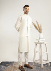 Bosky White Cotton Kurta Trouser & Waistcoat - Men - 3 PC