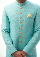 Sky blue Rawsilk all embroidered sherwani - House Of Arsalan Iqbal