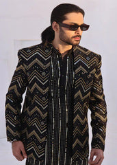 Black Geometric Zigzag Prince Coat - J Pardesi