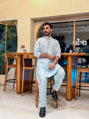 Formal Sky Blue Kurta Shalwar - Collar Neck Embroidered - Men