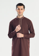 Formal Mahogany Kurta Shalwar - Collar Neck Embroidered - Men