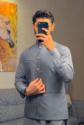 Bluish Grey Kurta Shalwar with Suiting Waistcoat - Straight Cut - Men