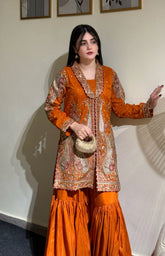 Zayan Clothing UK | Rust Orange Embroidered Formal | Shirt With Gharara – 2 Pc
