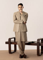 Beige Kurta Trouser with Embroidered Open Prince Coat - 3PC