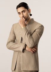 Beige Kurta Trouser with Embroidered Open Prince Coat - 3PC