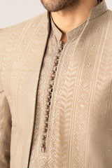 Beige Kurta Trouser with Embroidered Open Prince Coat - 3PC
