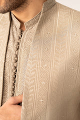 Beige Kurta Trouser with Embroidered Open Prince Coat - 3PC