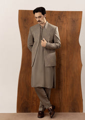 Taupe Kurta Trouser with Embroidered Open Prince Coat - 3PC