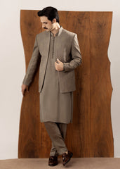 Taupe Kurta Trouser with Embroidered Open Prince Coat - 3PC