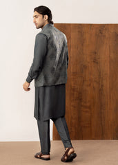Army Green Kurta Trouser with Open Embroidered Waistcoat - 3PC