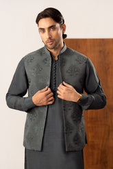 Army Green Kurta Trouser with Open Embroidered Waistcoat - 3PC