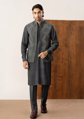 Army Green Kurta Trouser with Open Embroidered Waistcoat - 3PC