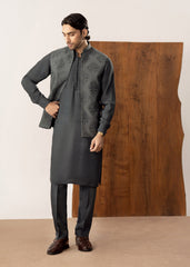 Army Green Kurta Trouser with Open Embroidered Waistcoat - 3PC