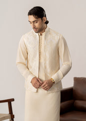 Bosky White Kurta Trouser with Open Embroidered Waistcoat - 3PC