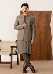 Taupe Kurta Trouser with Embroidered Open Prince Coat - 3PC