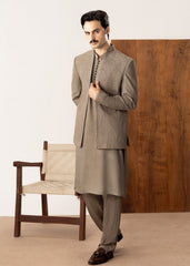 Taupe Kurta Trouser with Embroidered Open Prince Coat - 3PC