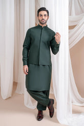 Bottle Green Luxury Formal Kameez Shalwar with Blended Waistcoat - Straight Cut - Men