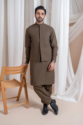 Light Brown Luxury Formal Kameez Shalwar with Blended Waistcoat - Straight Cut - Men