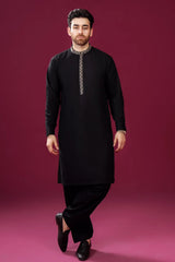 Formal Black Kurta Shalwar - Pattern Collar Neck Embroidered - Men