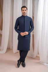 Navy Blue Formal Kameez Shalwar with Blended Waistcoat - Straight Cut - Men