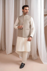 Bosky White Kurta Shalwar with Beige Suiting Waistcoat - Straight Cut - Men