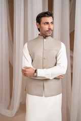 Bosky White Kurta Shalwar with Beige Suiting Waistcoat - Straight Cut - Men