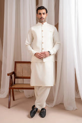 Bosky White Luxury Formal Kameez Shalwar with Blended Waistcoat - Straight Cut Buttoned - Men