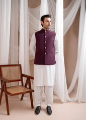 Off White Kurta Shalwar with Burgundy Suiting Waistcoat - Straight Cut - Men