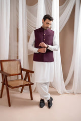 Off White Kurta Shalwar with Burgundy Suiting Waistcoat - Straight Cut - Men