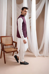 Off White Kurta Shalwar with Burgundy Suiting Waistcoat - Straight Cut - Men