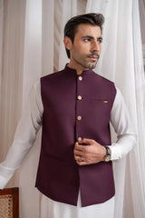 Off White Kurta Shalwar with Burgundy Suiting Waistcoat - Straight Cut - Men