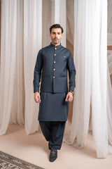 Charcoal Grey Kurta Shalwar with Suiting Waistcoat - Straight Cut - Men