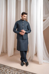 Charcoal Grey Kurta Shalwar with Suiting Waistcoat - Straight Cut - Men