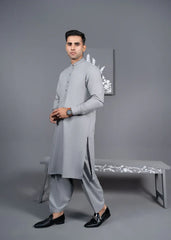 Silver - Detailed Men's Kameez Shalwar - Jeeva Textile
