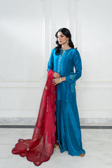 Wahaj M Khan | Lra Eid Collection 26 | Teal Red Rawsilk Set