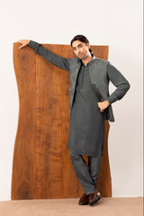 Army Green Kurta Trouser with Open Embroidered Waistcoat - 3PC