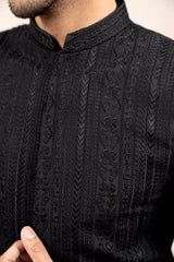Black Kurta Trouser with Cross Stitched Embroidered Prince Coat - 3PC - Men