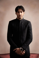 Black Kurta Trouser with Cross Stitched Embroidered Prince Coat - 3PC - Men